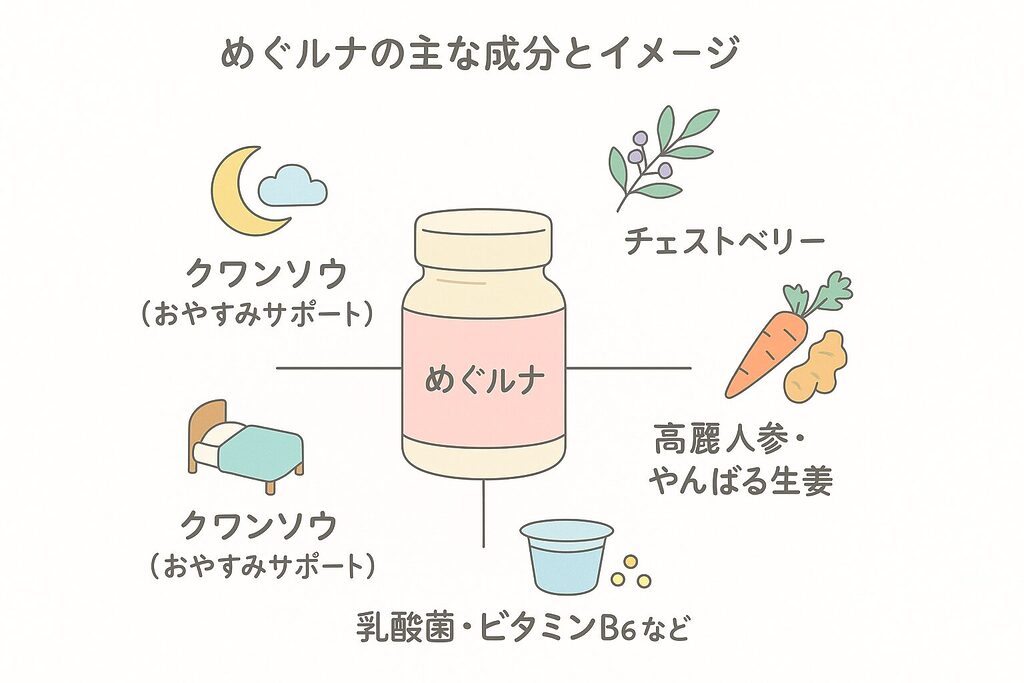 めぐルナの主な成分イメージ図で、クワンソウ・チェストベリー・高麗人参とやんばる生姜・乳酸菌やビタミンB6などの配合を紹介