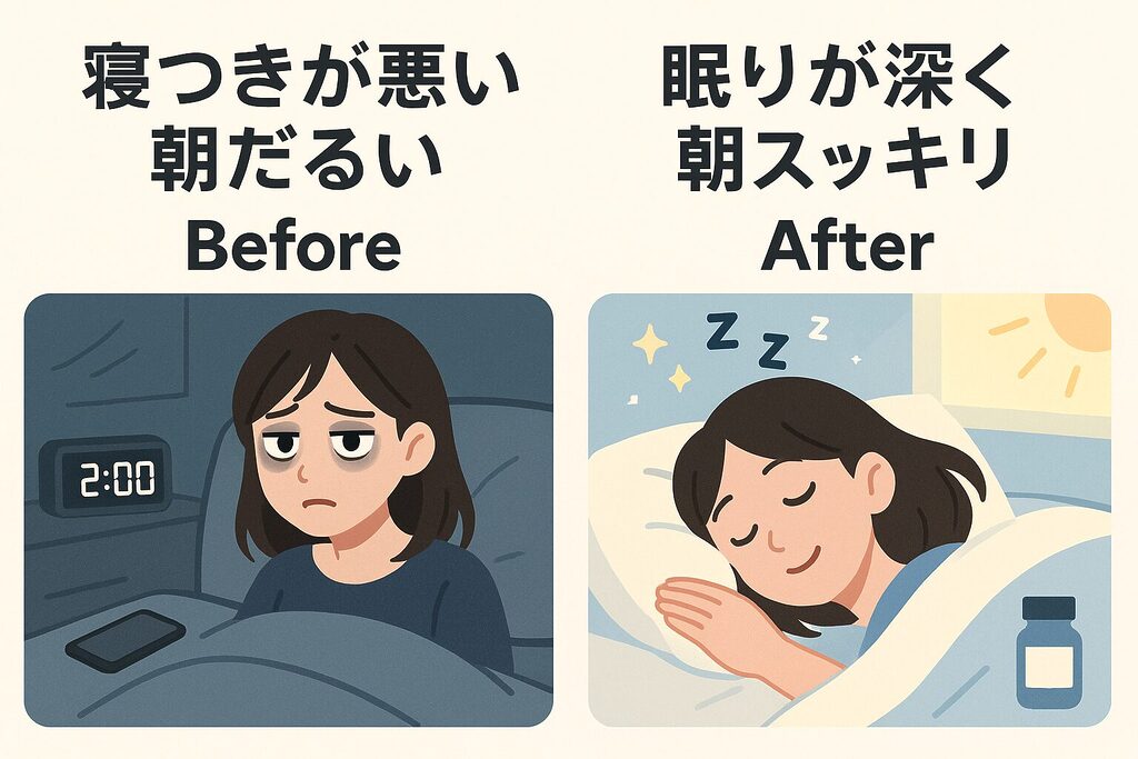 寝つきが悪く朝だるいBeforeと、眠りが深く朝スッキリのAfterを対比したイラスト。ネムリスで睡眠の質がどう変化するかをイメージで伝えるネムリス 口コミ・効果解説用画像