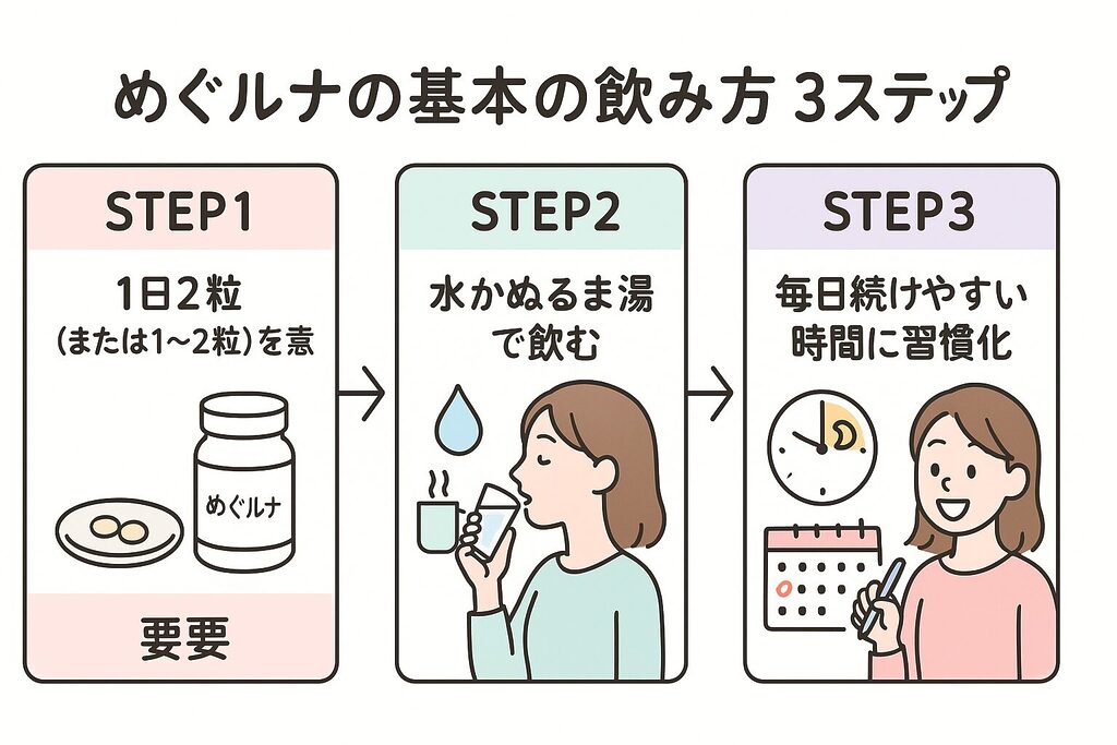 めぐルナの基本の飲み方3ステップ図解｜STEP1で1日2粒（または1〜2粒）を用意し、STEP2で水かぬるま湯で飲み、STEP3で毎日続けやすい時間に習慣化する流れを示したイラスト