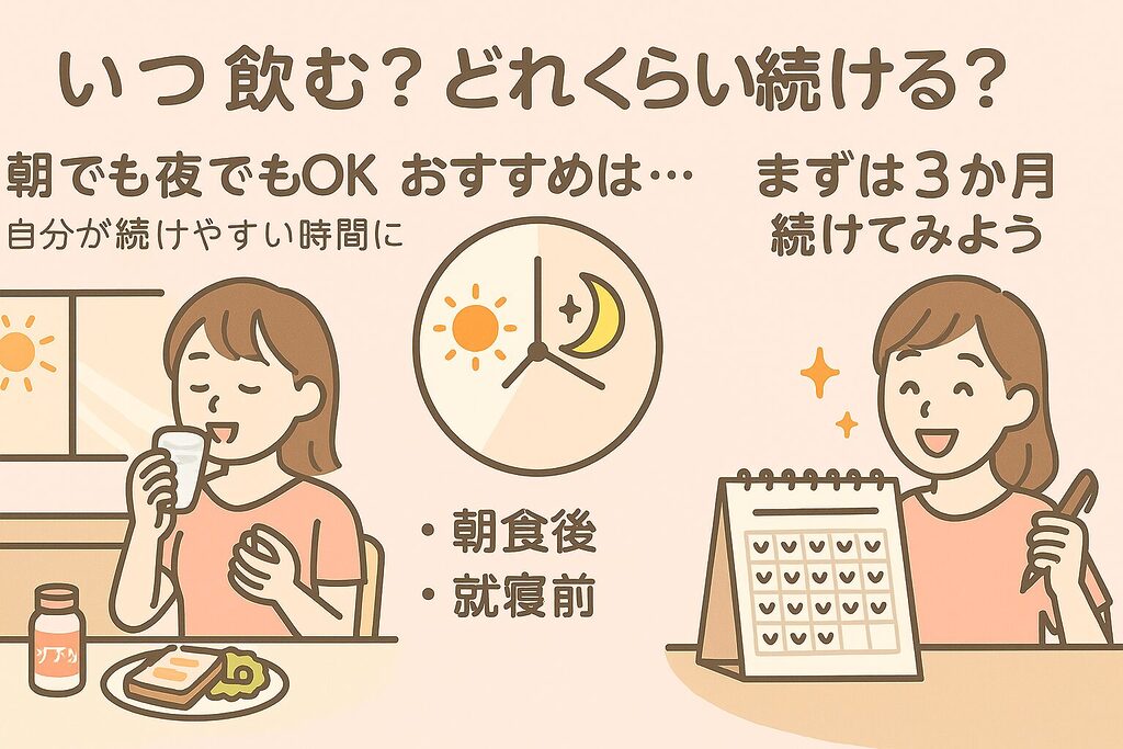 めぐルナはいつ飲む？どれくらい続ける？朝でも夜でもOKで自分が続けやすい時間に、朝食後や就寝前に飲みながら3か月継続を目指す様子を描いた飲み方ガイドイラスト