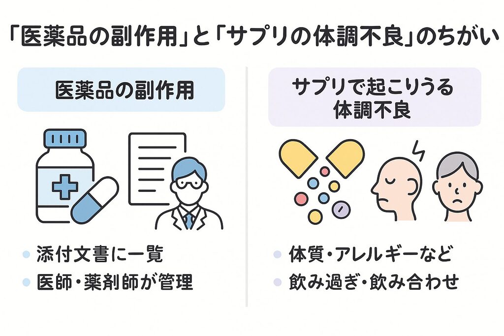 「医薬品の副作用」と「サプリで起こりうる体調不良」の違いを比較し、添付文書や体質・アレルギー・飲み過ぎなどを説明する図解