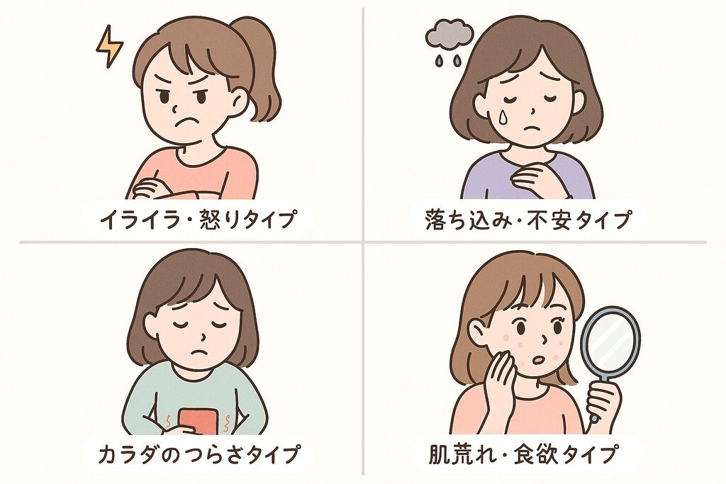 PMSによる生理前イライラのタイプ別イラスト｜イライラ・怒りタイプ／落ち込み・不安タイプ／カラダのつらさタイプ／肌荒れ・食欲タイプを4コマで比較し、自分に合うサプリの選び方をイメージしやすくした図
