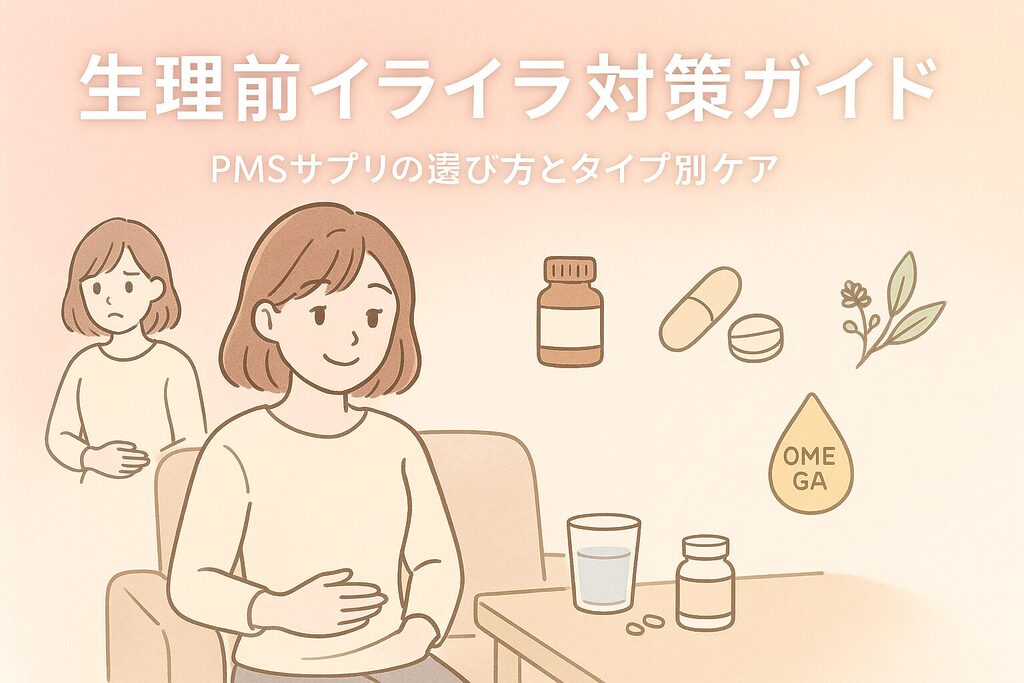 生理前イライラ対策ガイドのヘッダーイラスト｜お腹をおさえる女性とサプリボトル・カプセル・オメガ3・ハーブが描かれた、PMSサプリの選び方とタイプ別ケアをやさしく解説する記事のメインビジュアル