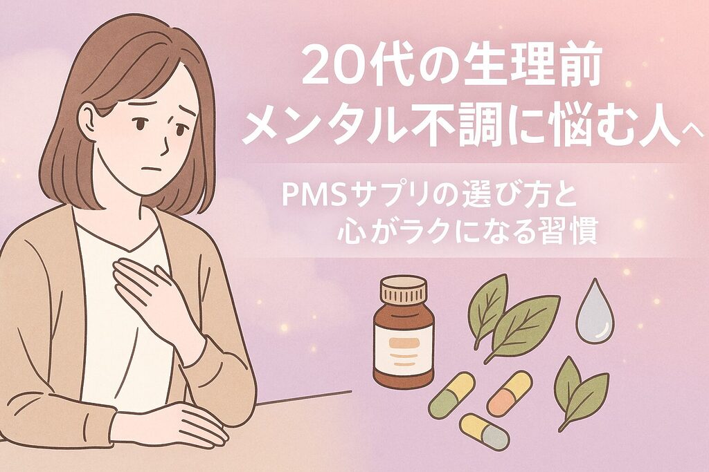 20代の生理前メンタル不調に悩む女性向けヘッダー画像｜胸に手を当てて不安そうな表情の女性とサプリボトル・カプセル・ハーブのイラストが描かれ、「20代の生理前メンタル不調に悩む人へ PMSサプリの選び方と心がラクになる習慣」と大きく表示された「20代 生理前 メンタル不調 サプリ」解説記事用アイキャッチ