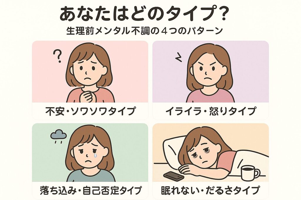 あなたはどのタイプ？生理前メンタル不調の4つのパターン図｜不安・ソワソワタイプ／イライラ・怒りタイプ／落ち込み・自己否定タイプ／眠れない・だるさタイプの4人の女性イラストを並べ、20代女性が自分の生理前メンタル不調タイプをチェックできる図解画像