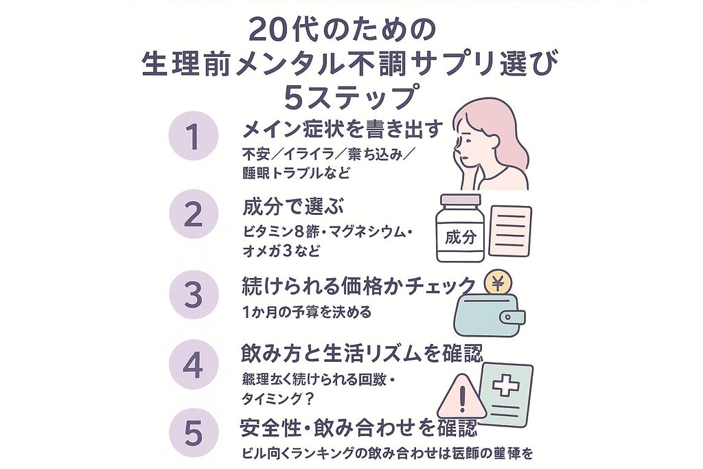 20代のための生理前メンタル不調サプリ選び5ステップ図解｜メイン症状を書き出す・成分で選ぶ・続けられる価格をチェック・飲み方と生活リズムを確認・安全性と飲み合わせを確認という5つのポイントを、番号付きでまとめた「20代 生理前 メンタル不調 サプリの選び方」インフォグラフィック