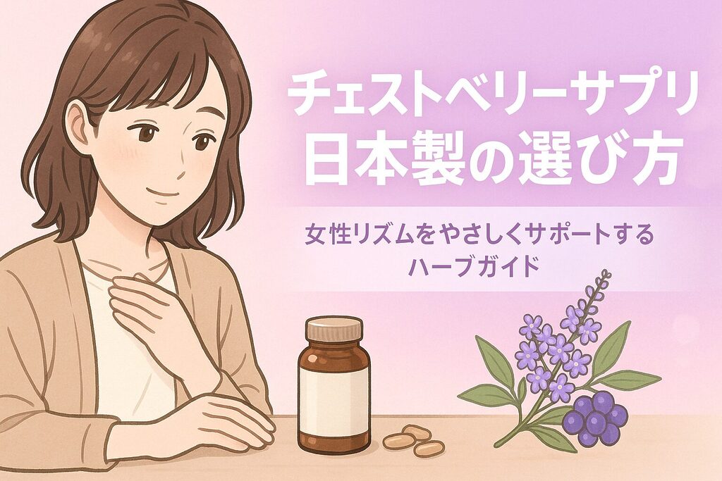 チェストベリーサプリ日本製の選び方を紹介するヘッダー画像｜テーブルの前で穏やかに微笑む女性とサプリボトル、チェストベリーの花と実のイラストが描かれ、「チェストベリーサプリ 日本製の選び方 女性リズムをやさしくサポートするハーブガイド」と大きく書かれた20〜30代女性向けPMSケアサプリ記事用アイキャッチ