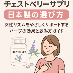 チェストベリーサプリ日本製の選び方を解説する20〜30代女性向けアイキャッチ画像｜胸に手を当てた女性イラストとCHASTEBERRYボトルが描かれた「チェストベリーサプリ 日本製の選び方 女性リズムをやさしくサポートするハーブの効果と飲み方ガイド」用サムネイル