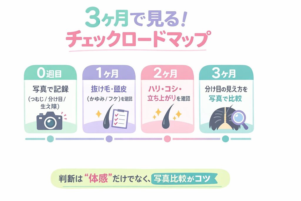 ヘアバース（ラミナスCYP）を3ヶ月で評価するチェックロードマップ。0週目は写真記録、1ヶ月は抜け毛・頭皮、2ヶ月はハリ・コシ・立ち上がり、3ヶ月は分け目の見え方を写真で比較。