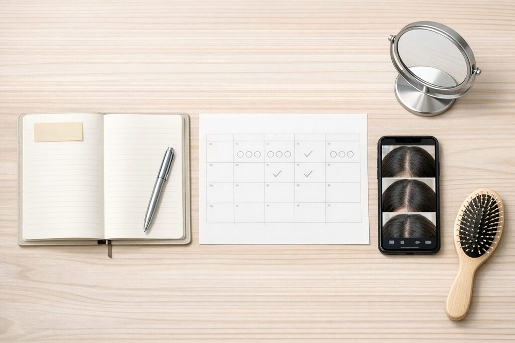 ヘアバースの口コミを判断するために、分け目の写真記録と3ヶ月の経過チェックを行うイメージ