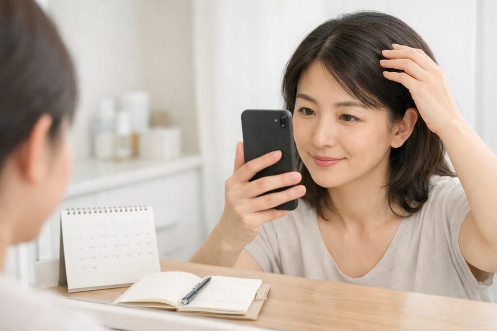 ヘアバースの口コミを参考にしながら、分け目の写真を撮って3ヶ月の変化を確認する女性