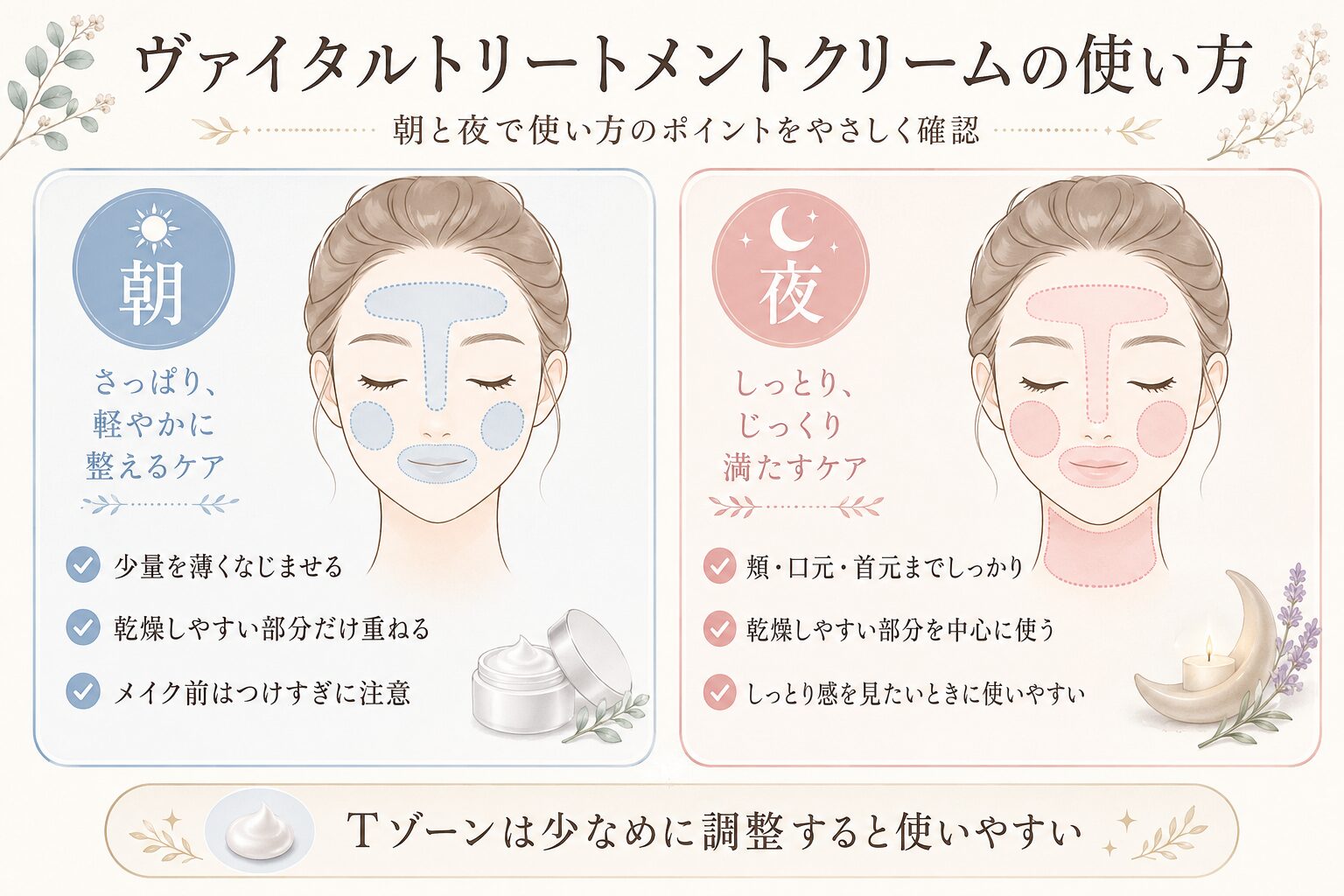 オルビスアンバー ヴァイタルトリートメントクリームの朝と夜の使い方を比較した図